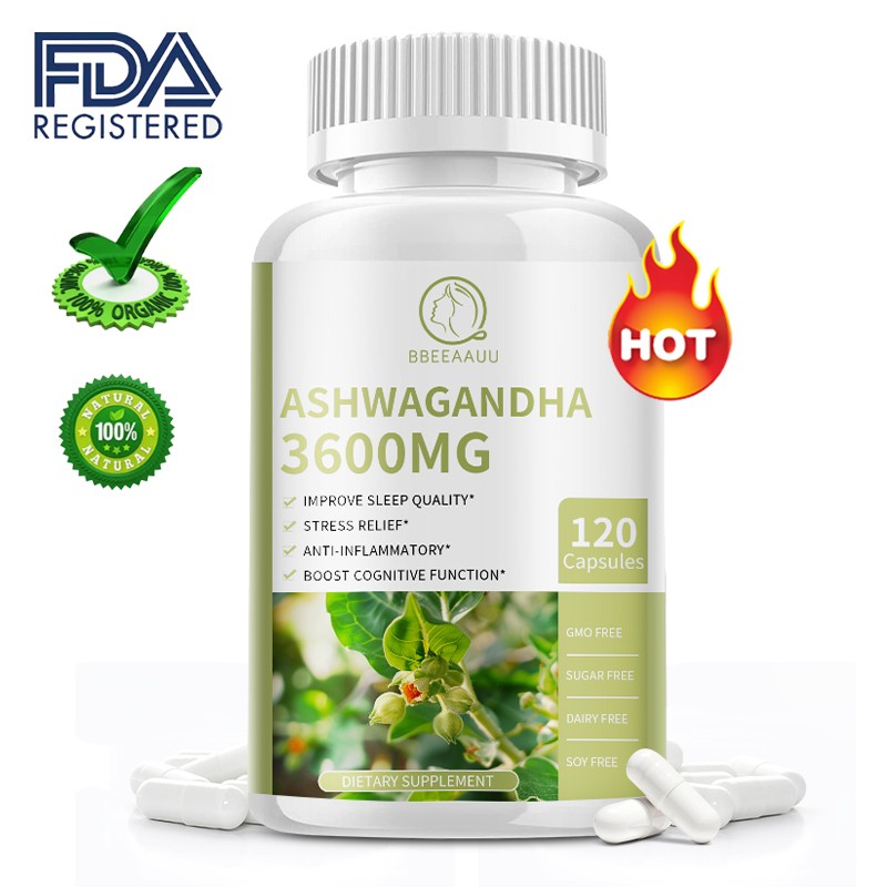 Organic Ashwagandha Capsules 3600mg Strong Stress,Adrenal Support Vegan Capsules