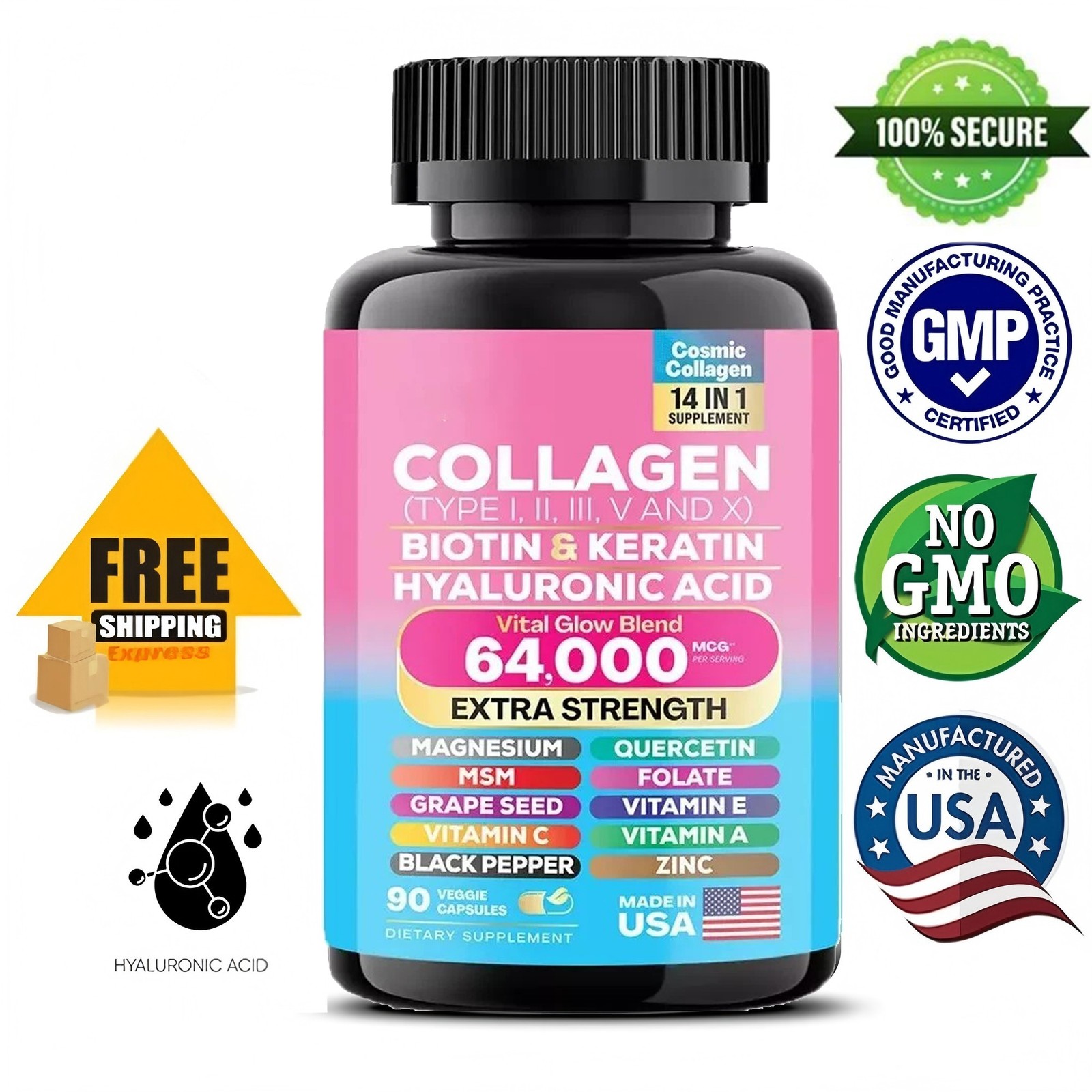 Collagen Pills Peptides Types I, II, III, V & X 64,000 MCG Biotin 90 Caps