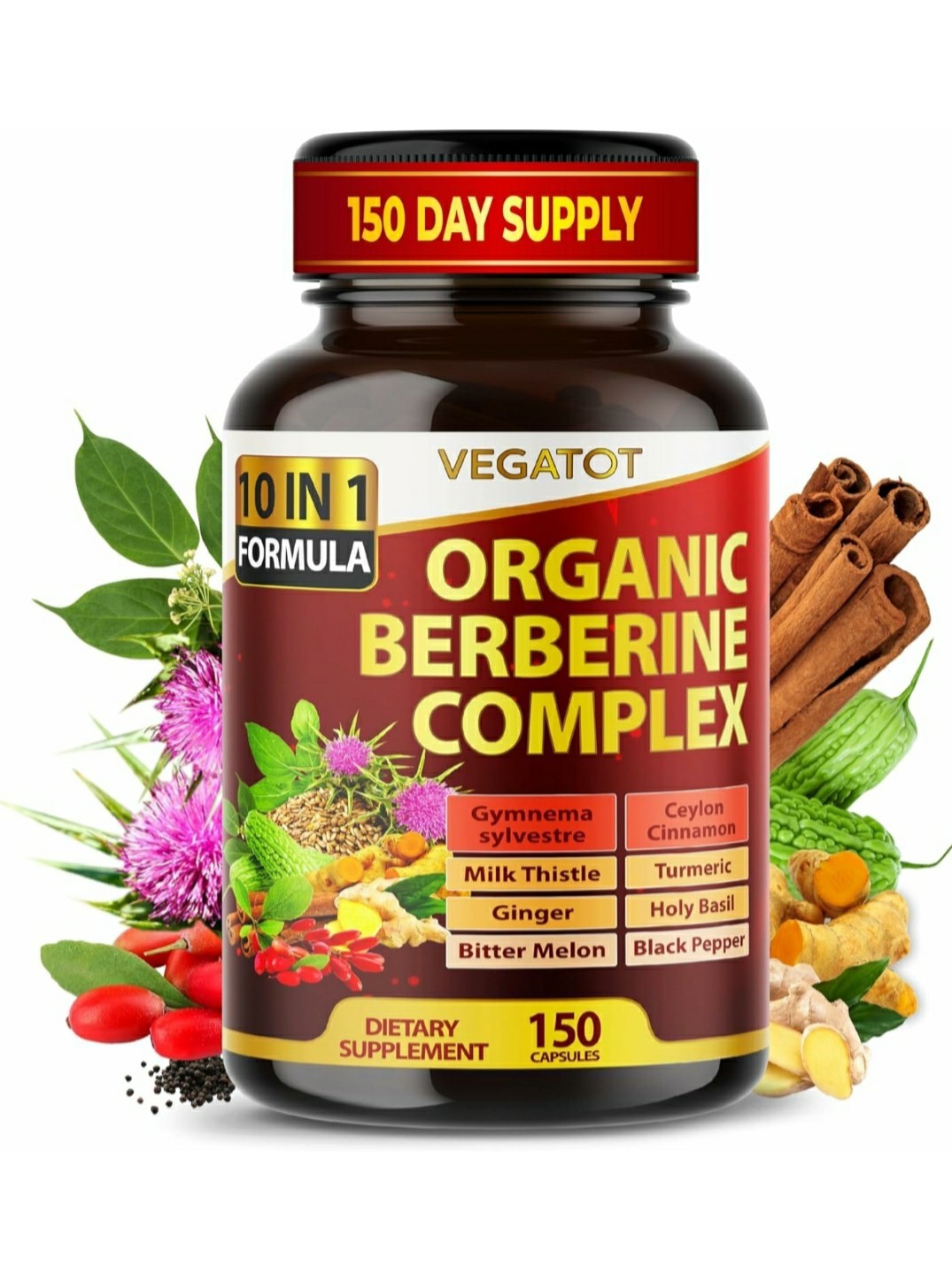 VEGATOT Glucosavior Berberine Supplement 12,900Mg with Ceylon Cinnamon, Bitter M