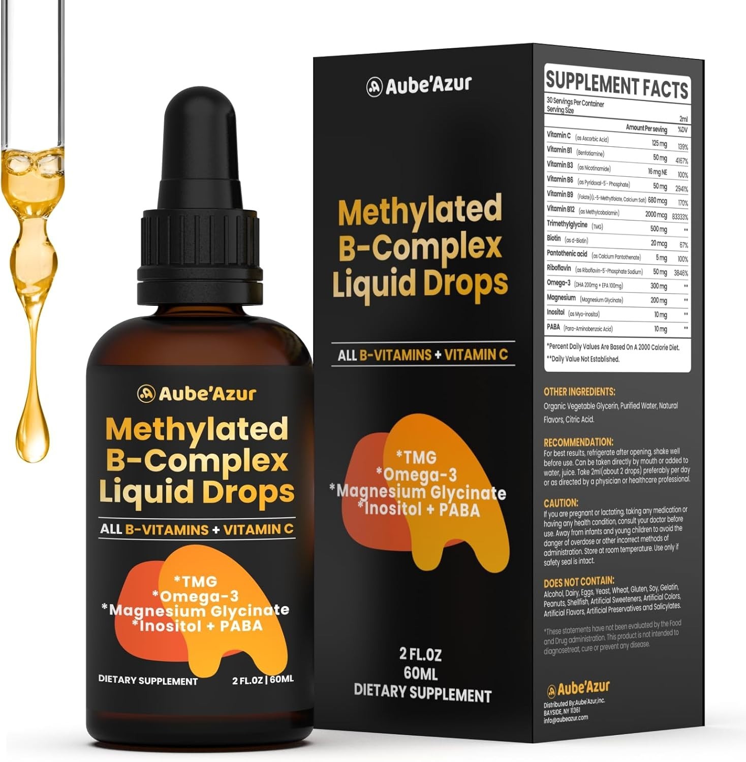 Methylated B Complex Liquid Vitamin B12 Methylfolate, B1, B3, B5, B6, B7 Omega-3