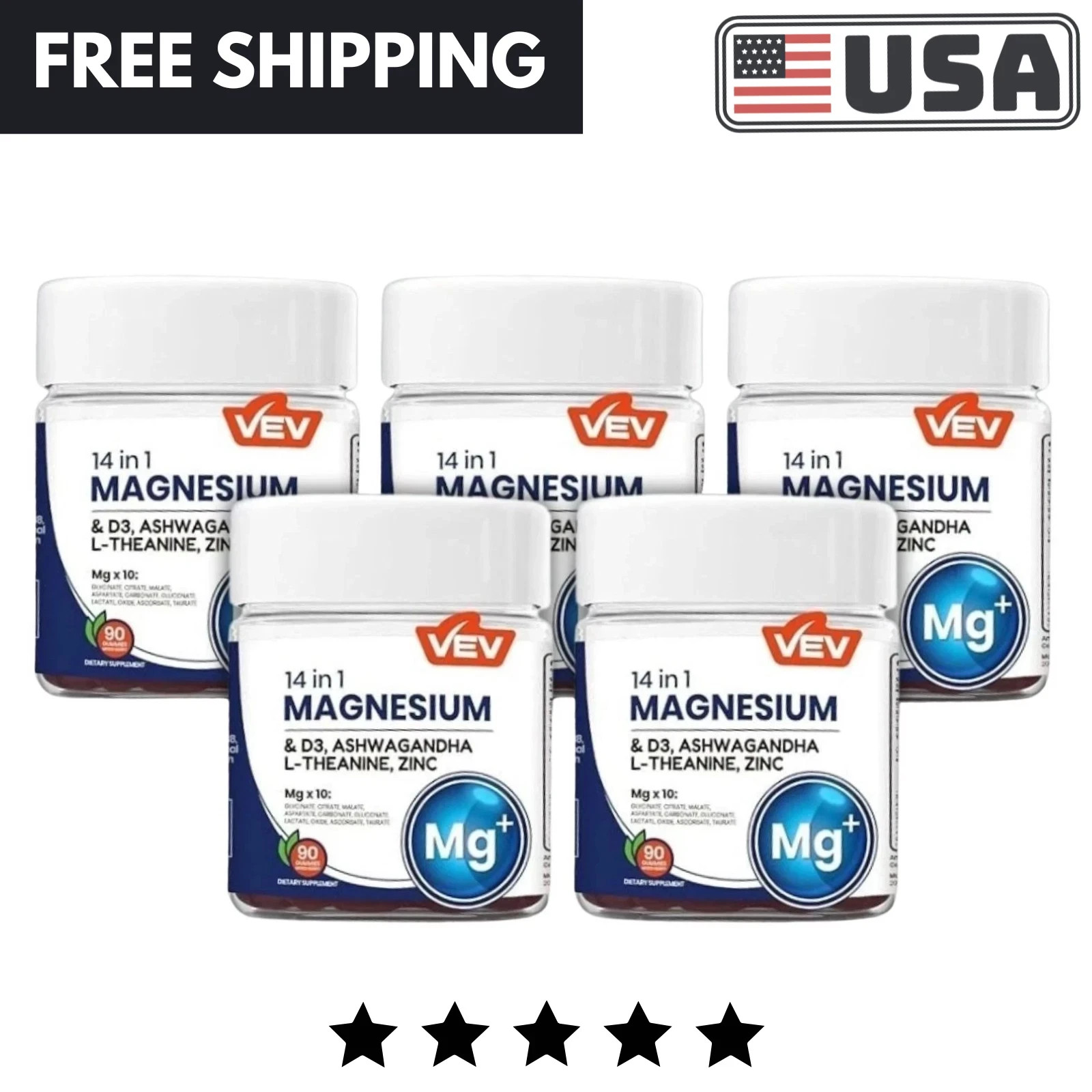 VEV 14-in-1 Magnesium Complex Gummies –L-Theanine,Cortisol Supplements 5 pack