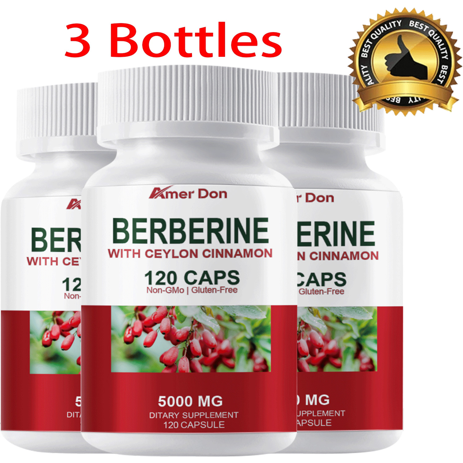 3Packs 5000mg Berberine Capsules, Natural HCL Extract, Healthy Cholesterol Caps