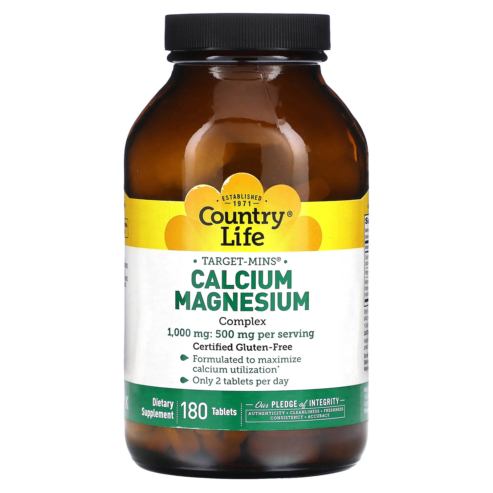 Country Life Target-Mins Calcium-Magnesium Complex 180 Tablets Gluten-Free, GMP