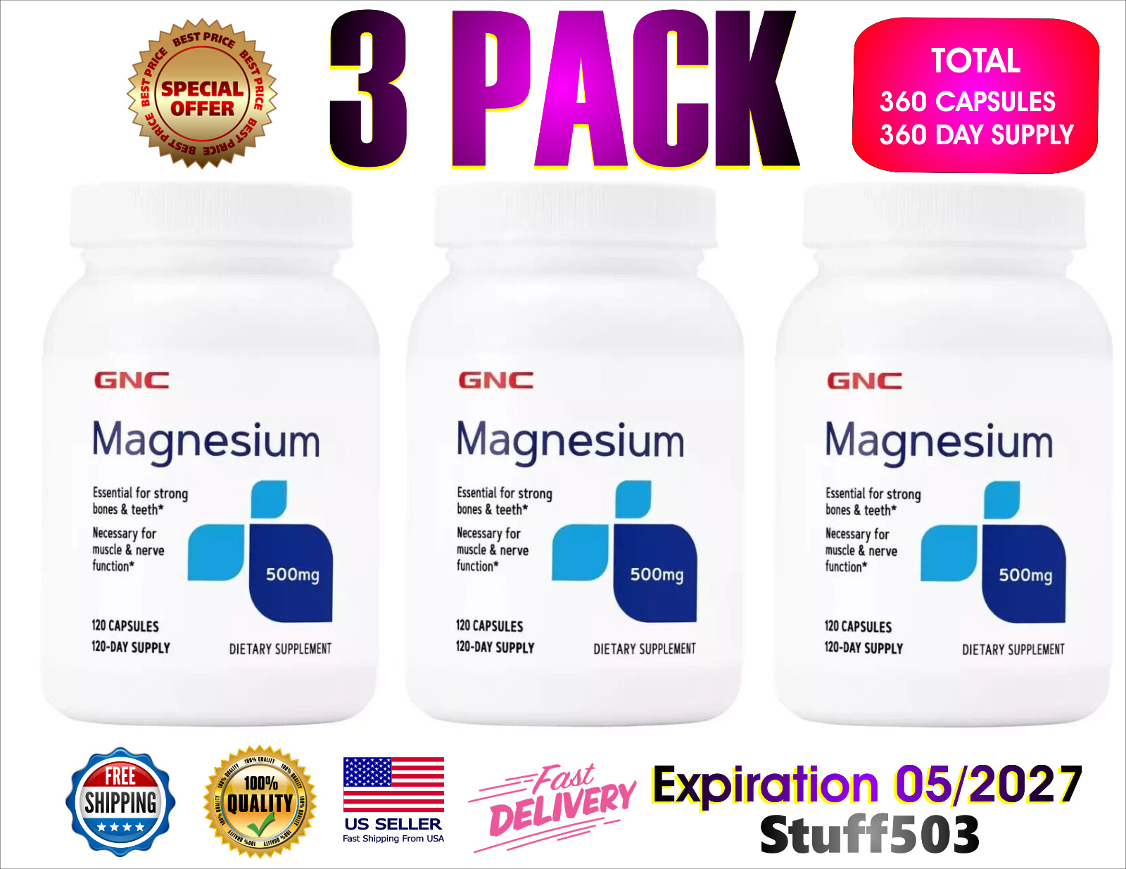 🔥 3 GNC Magnesium 500mg 120 Caps Per Btl Supports Absorption and Strong Teeth