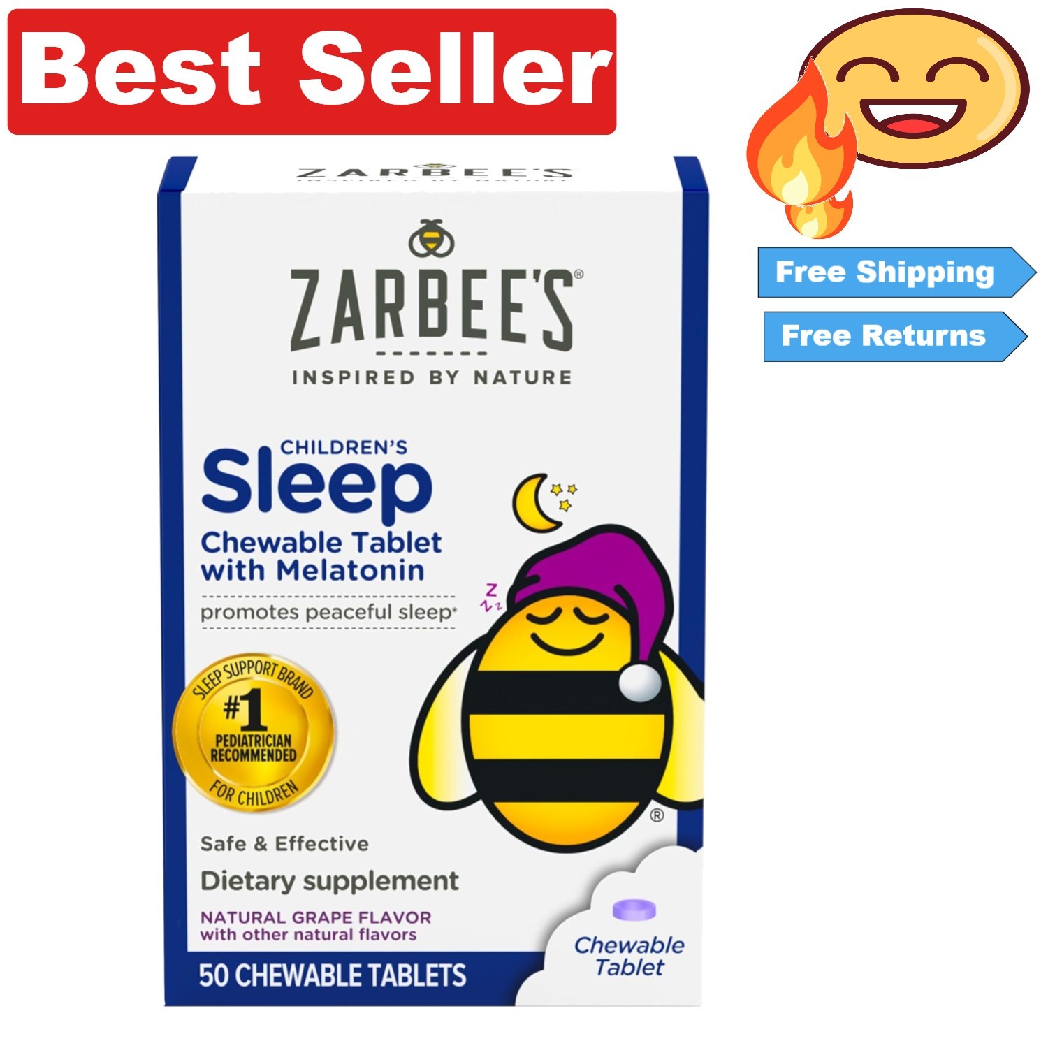 Zarbee’s Kids Melatonin 1mg Chewable Tablets – Grape, 50 Count for Restful Sleep