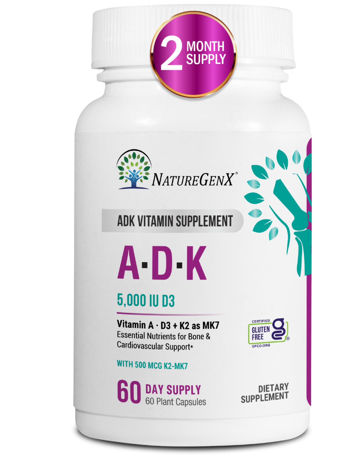 ADK Vitamin Supplement w/ Vitamins A, D3, K2 as MK7 for Bone Heart Immune Health