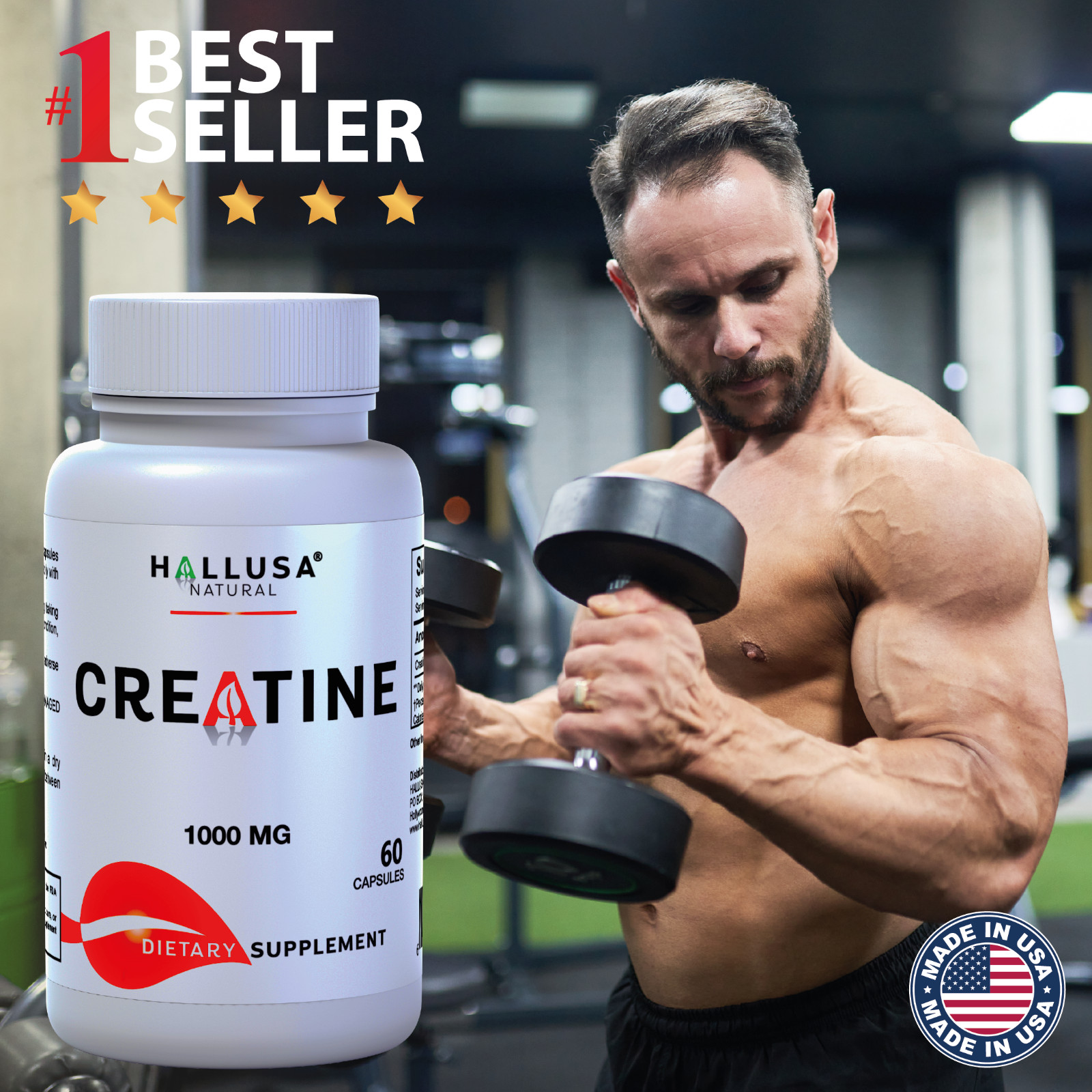 Creatine Monohydrate Capsules 1000mg | Pre-Workout & Post-Workout | 60 capsules