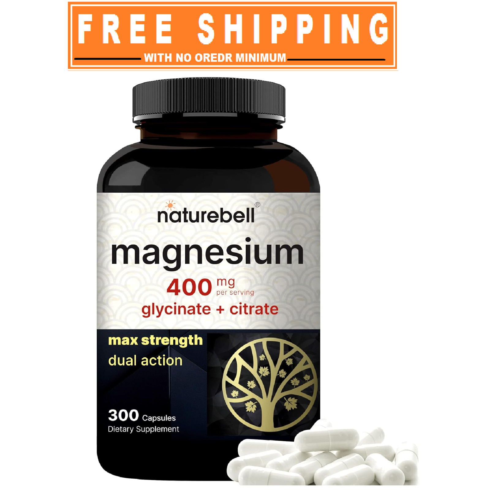 NatureBell Magnesium Complex 400Mg Supplement, 300 Capsules, Glycinate + Citrate