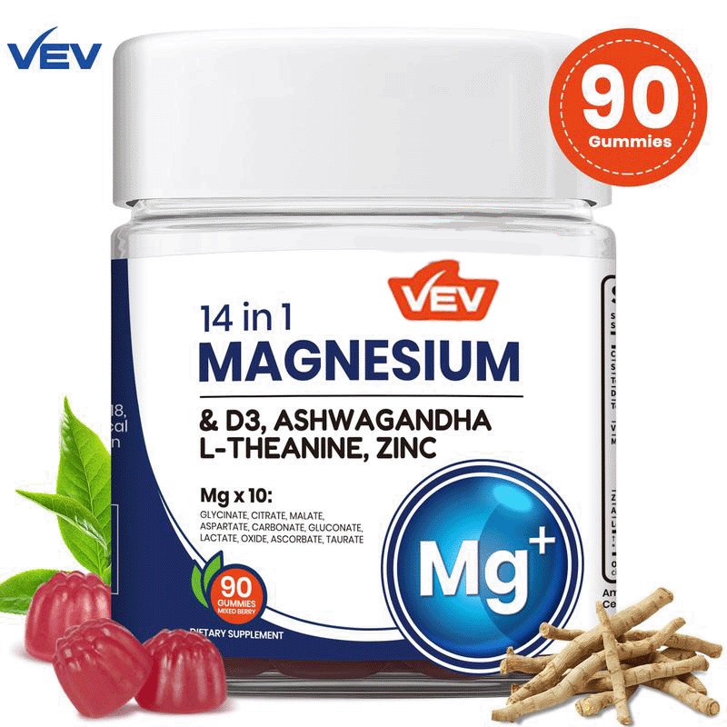 VEV Magnesium Gummies 14-in-1 – 90 Count With Ashwagandha, D3, L-Theanine, Zinc