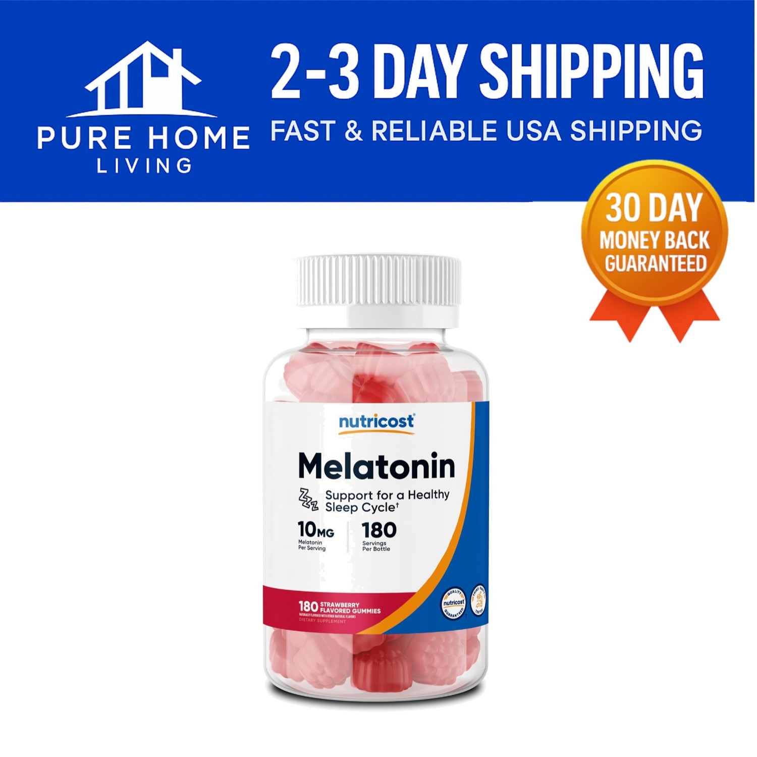 180 Count Melatonin 10mg Gummies – Non-GMO, Strawberry Flavor, Gluten Free