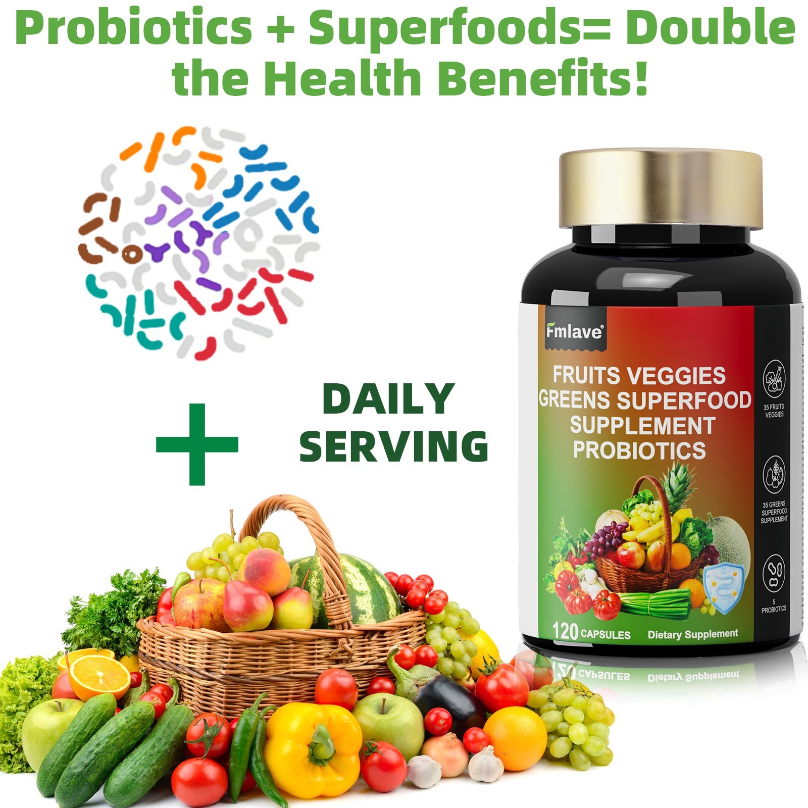 Fruits and Veggies Supplement | 120 Capsules | Non-GMO Vitamin 1B CFU Probiotics