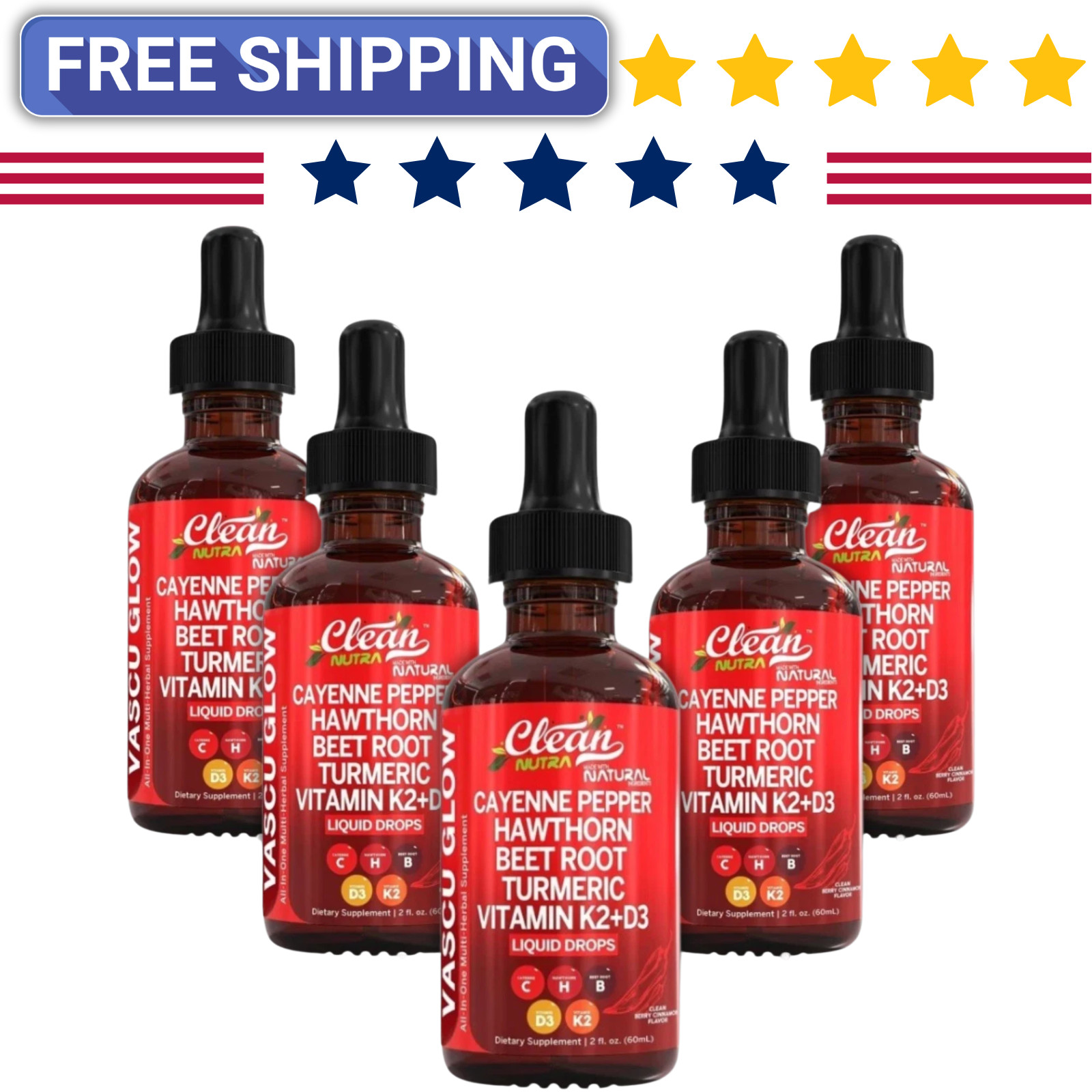 Cayenne Pepper Hawthorn Beet Root Turmeric Vitamin K2+D3 Liquid Drops 60ML 5pack