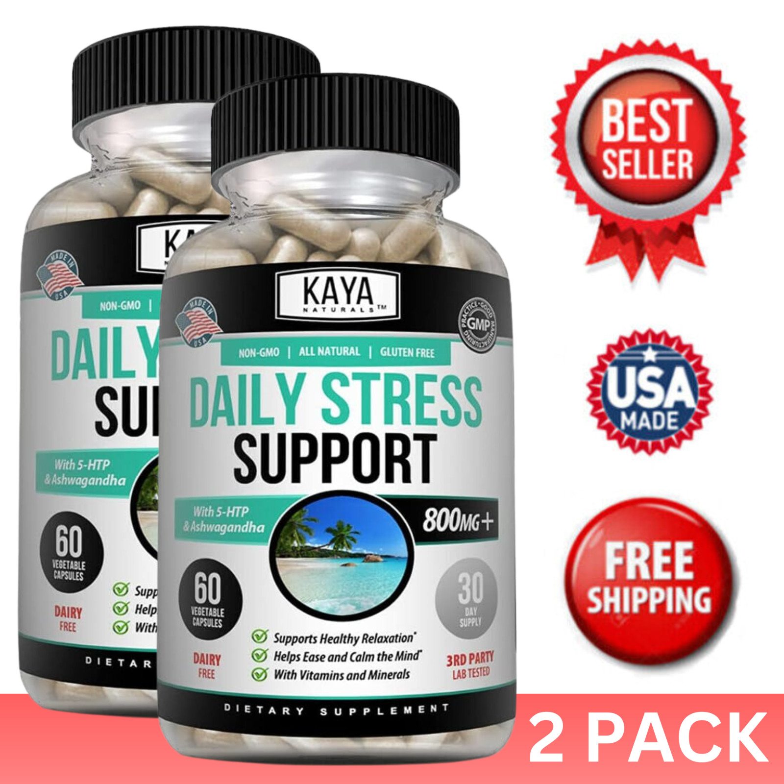 (2 Pack) Natural Anxiety Stress Relief 60ct Ashwagandha Rhodiola L Theanine Calm