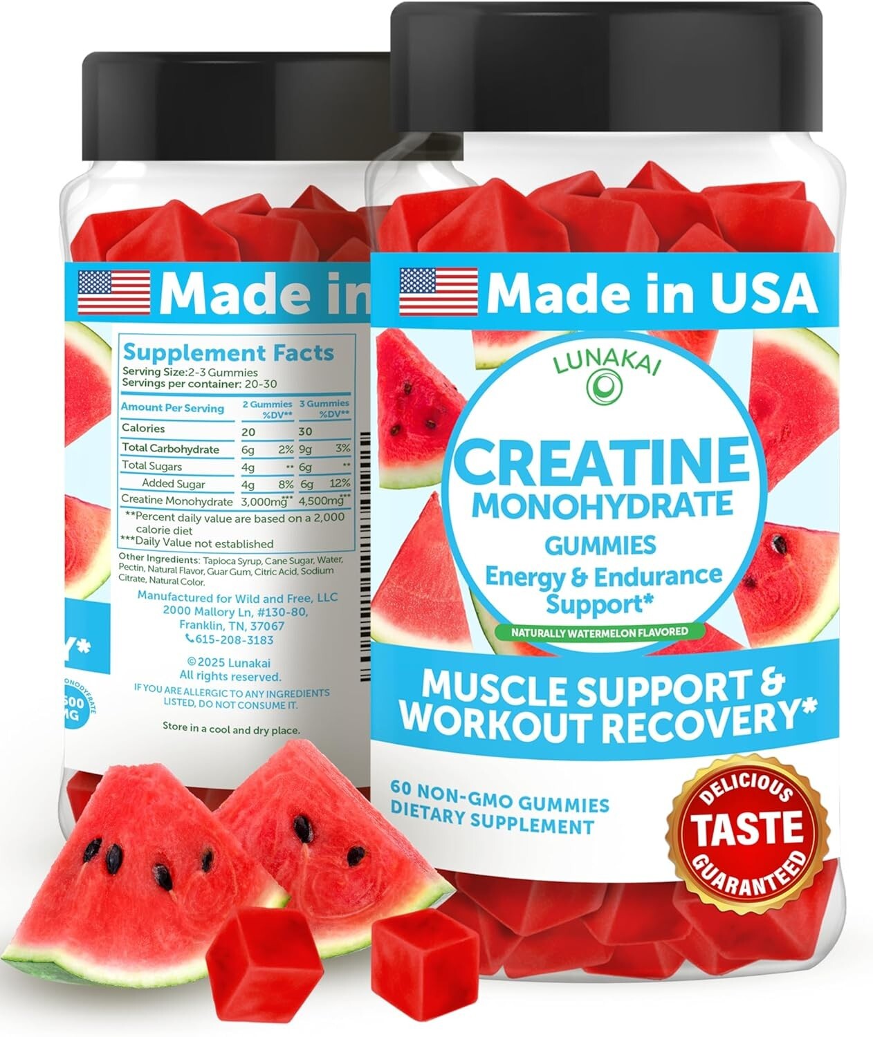 Lunakai Creatine Monohydrate 60 Gummies Non-GMO Muscle Support Watermelon Flavor