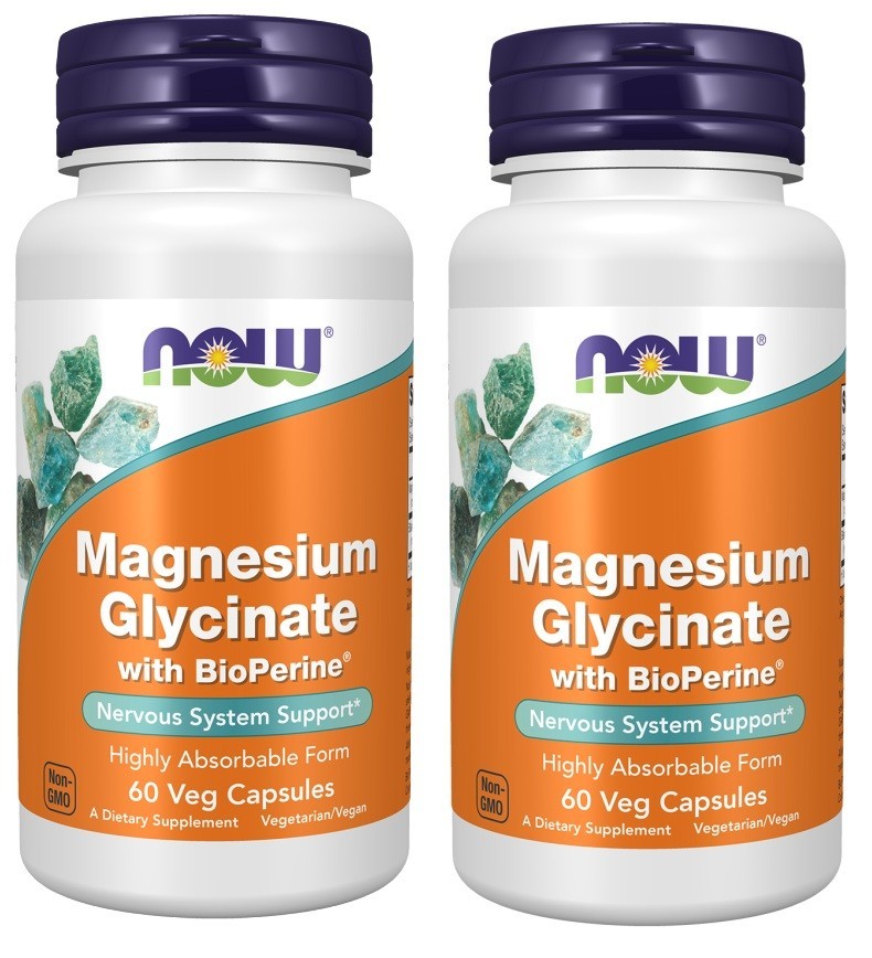 2 X NOW Foods Magnesium Glycinate With BioPerine®, 60 Veg Capsules  EXP 09/27