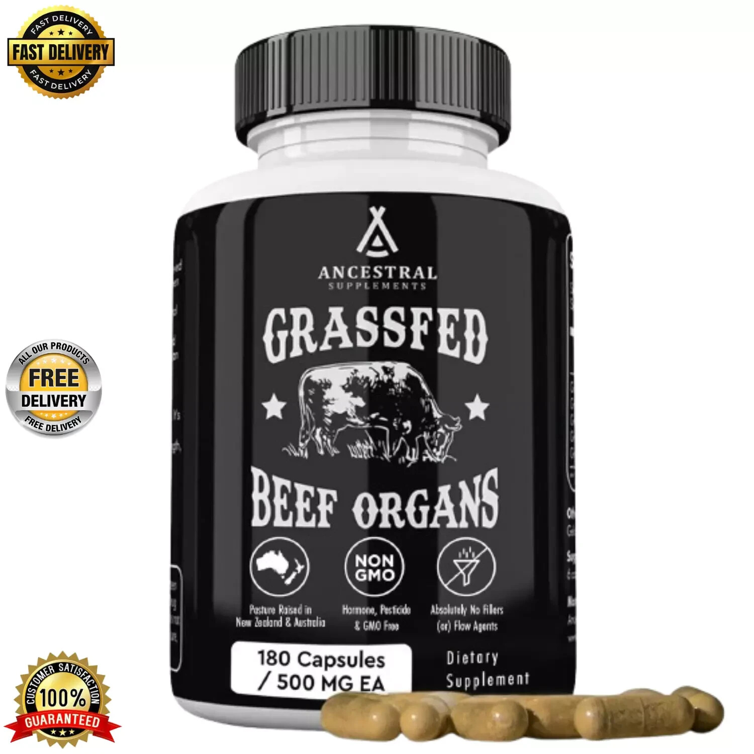 Ancestral Supplements Grass Fed Beef Organ Supplement – Non-GMO, 180 Capsules
