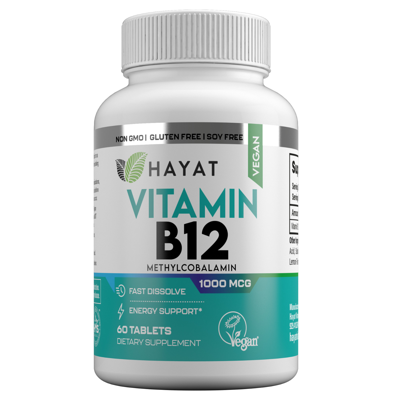 Hayat Vitamins Vegan Natural Vitamin B12 1000 MCG, Fast Dissolve, Halal, 60 Tabs
