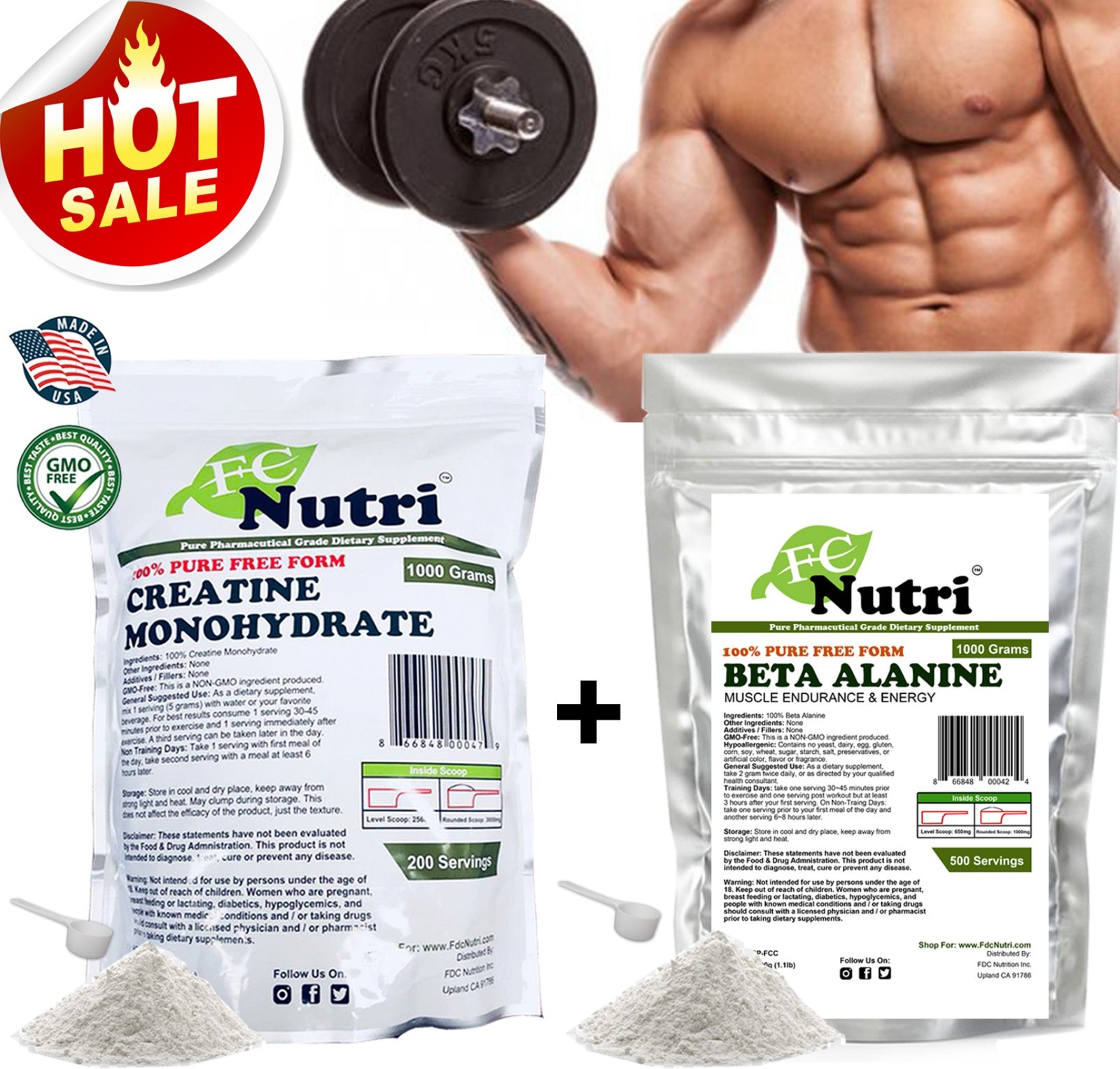 Beta Alanine 1000g + Creatine Mono1000g Pure Powder Optimum AMINO ENERGY
