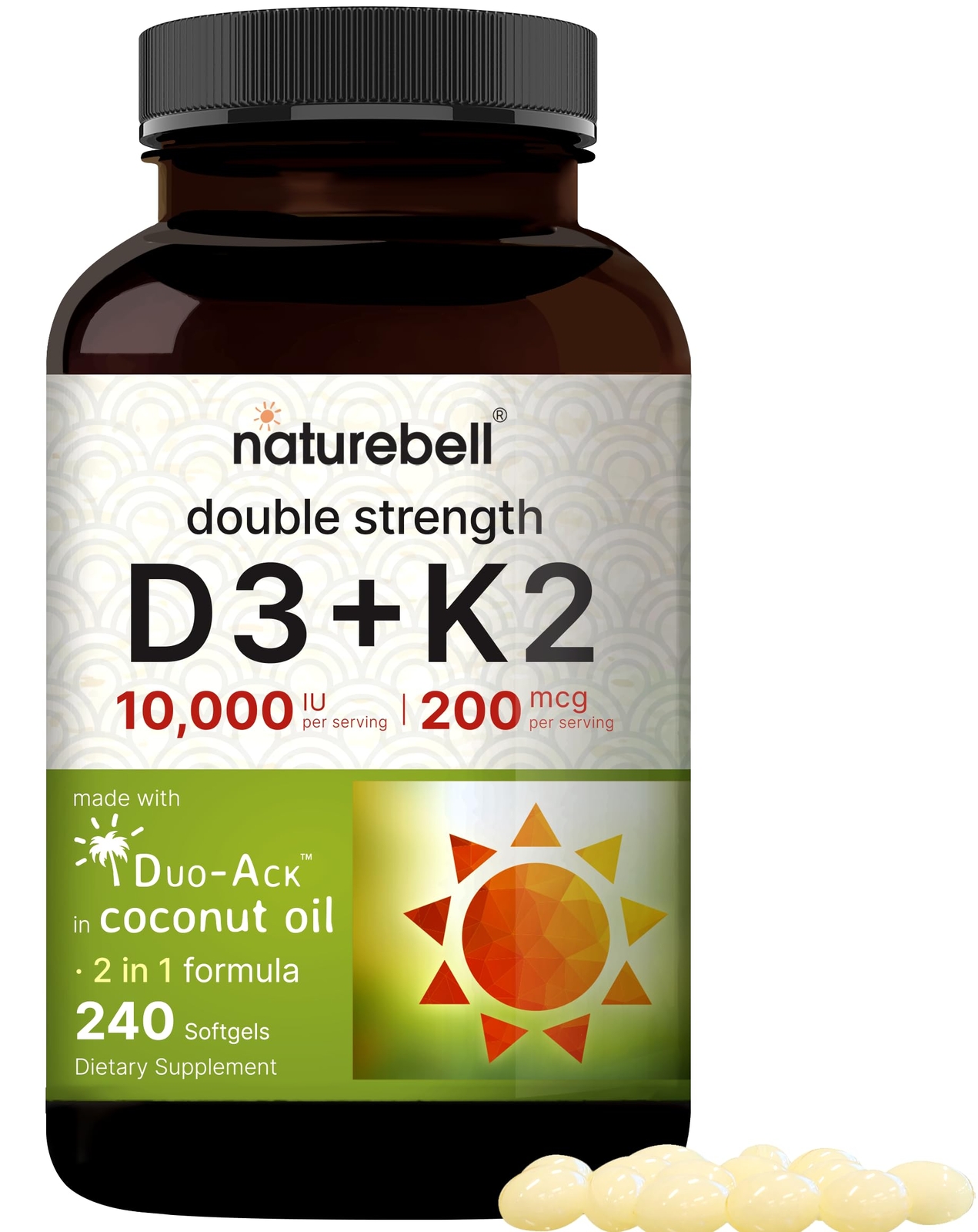 Vitamin D3 K2 10000 IU Vitamin D + 200mcg Vitamin K MK-7 240 Softgels