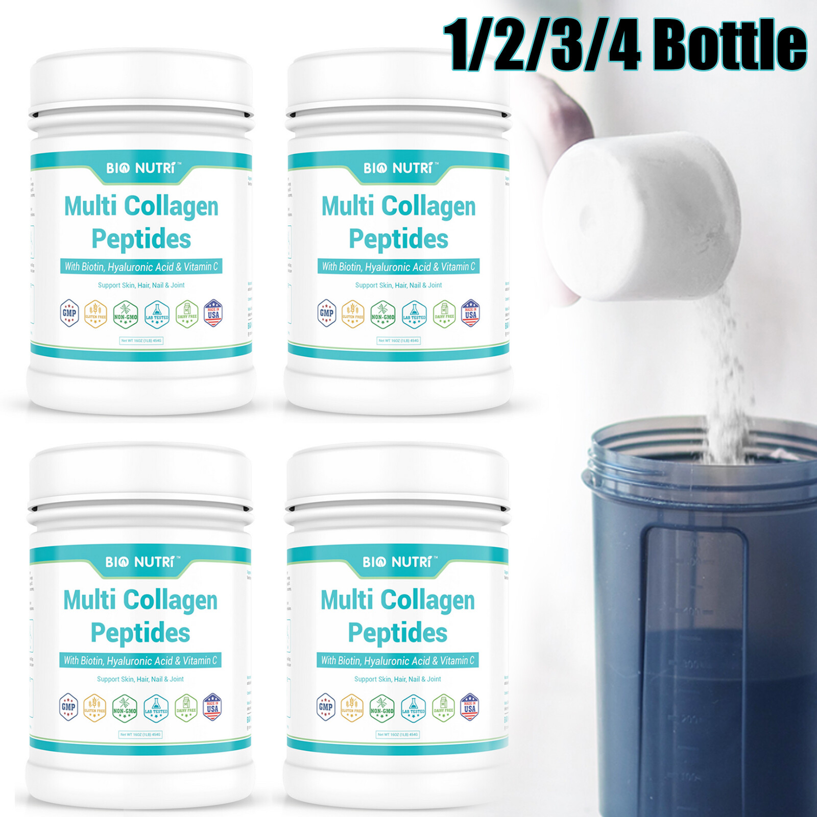 1-4 Pack 16OZ Multi Collagen Protein Powder Hydrolyzed Peptides I II III V X