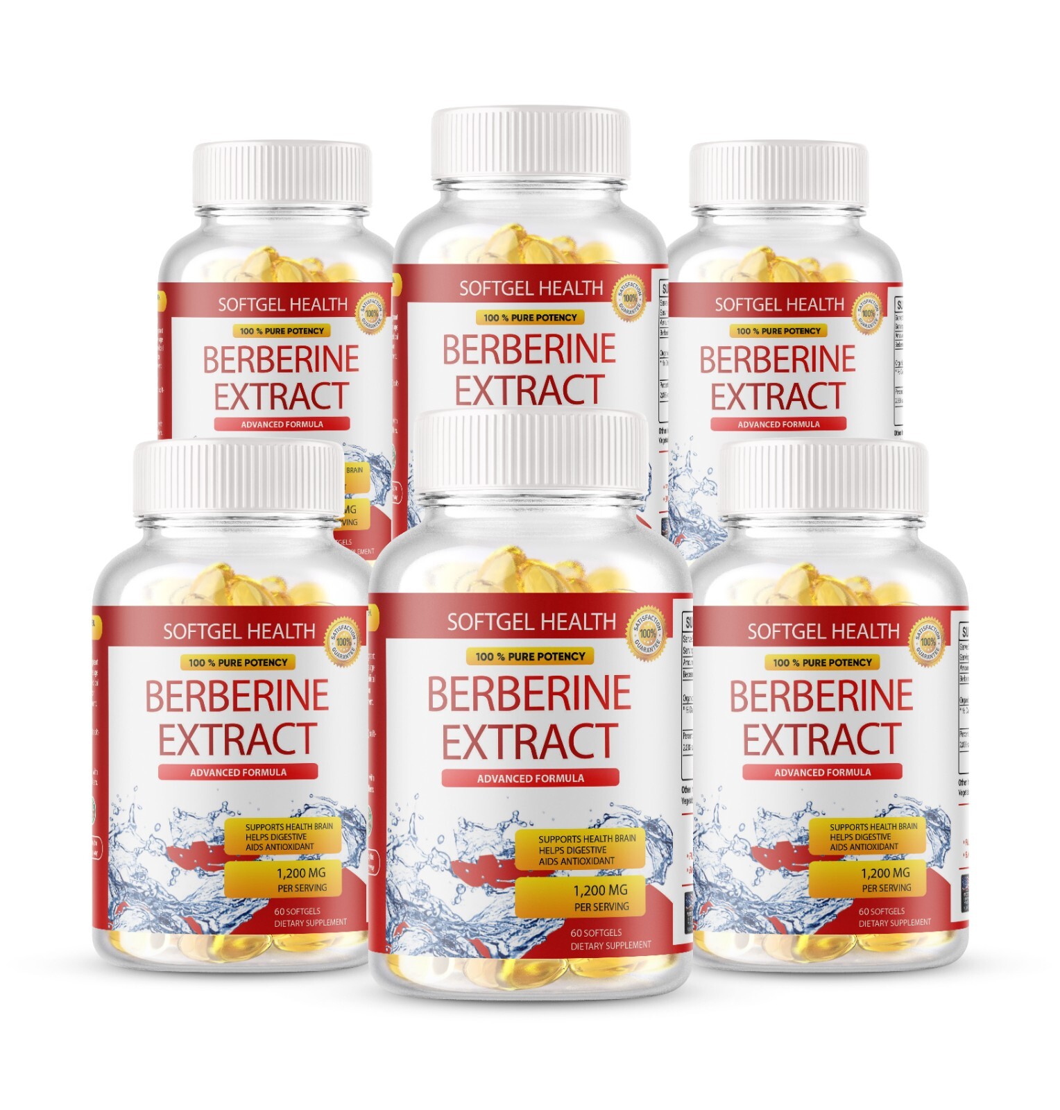 6 Packs 1200mg Berberine Capsules, Natural HCL Extract, Healthy Cholesterol Caps