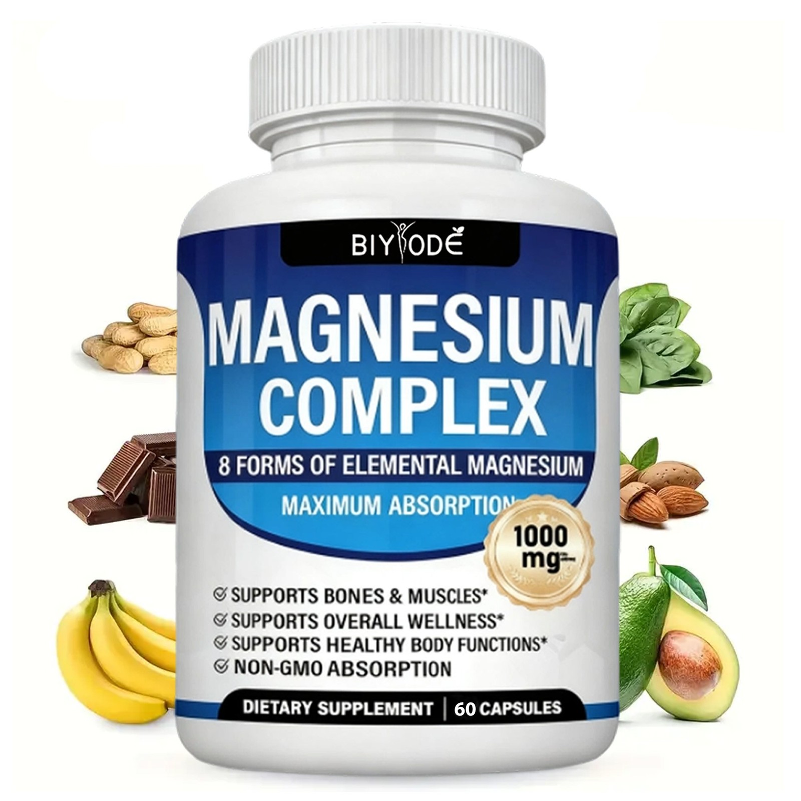 Magnesium Complex Supplement: 1000mg of 8-Element Magnesium, 60 Capsules