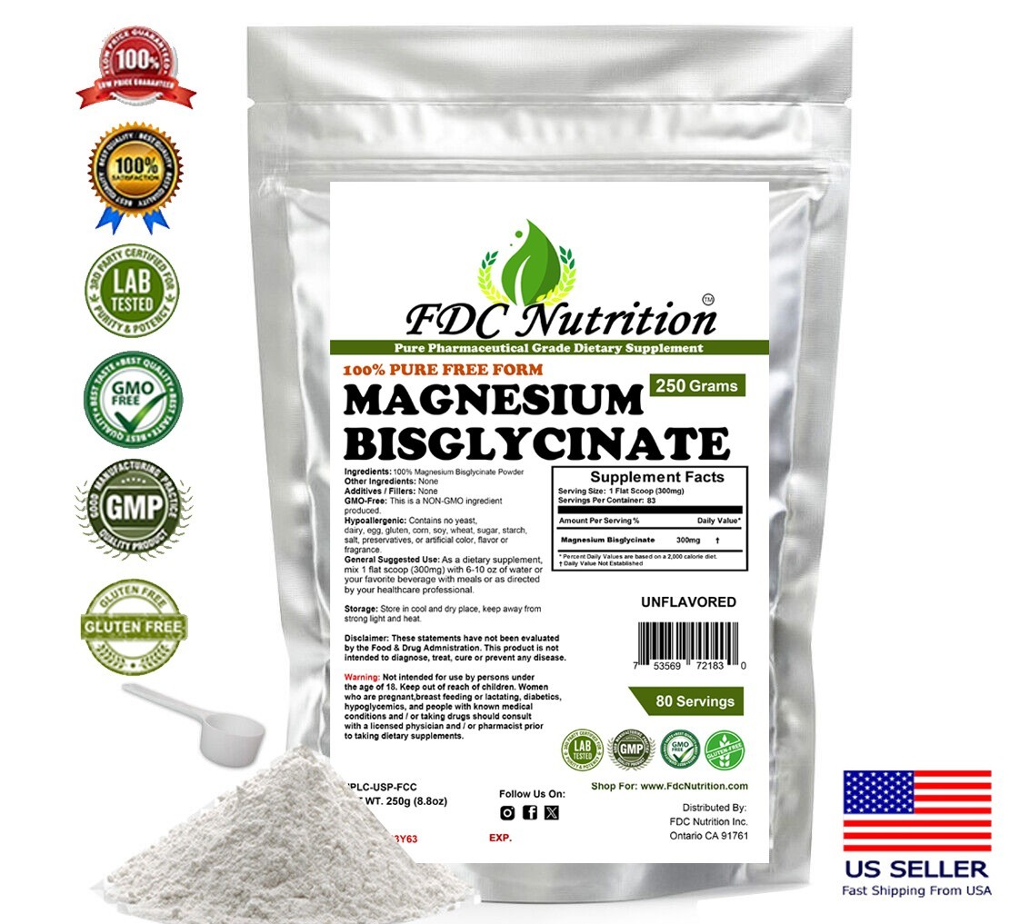 NEW Magnesium Bisglycinate Powder (250 Grams) Unflavored BY FDC NUTRTION