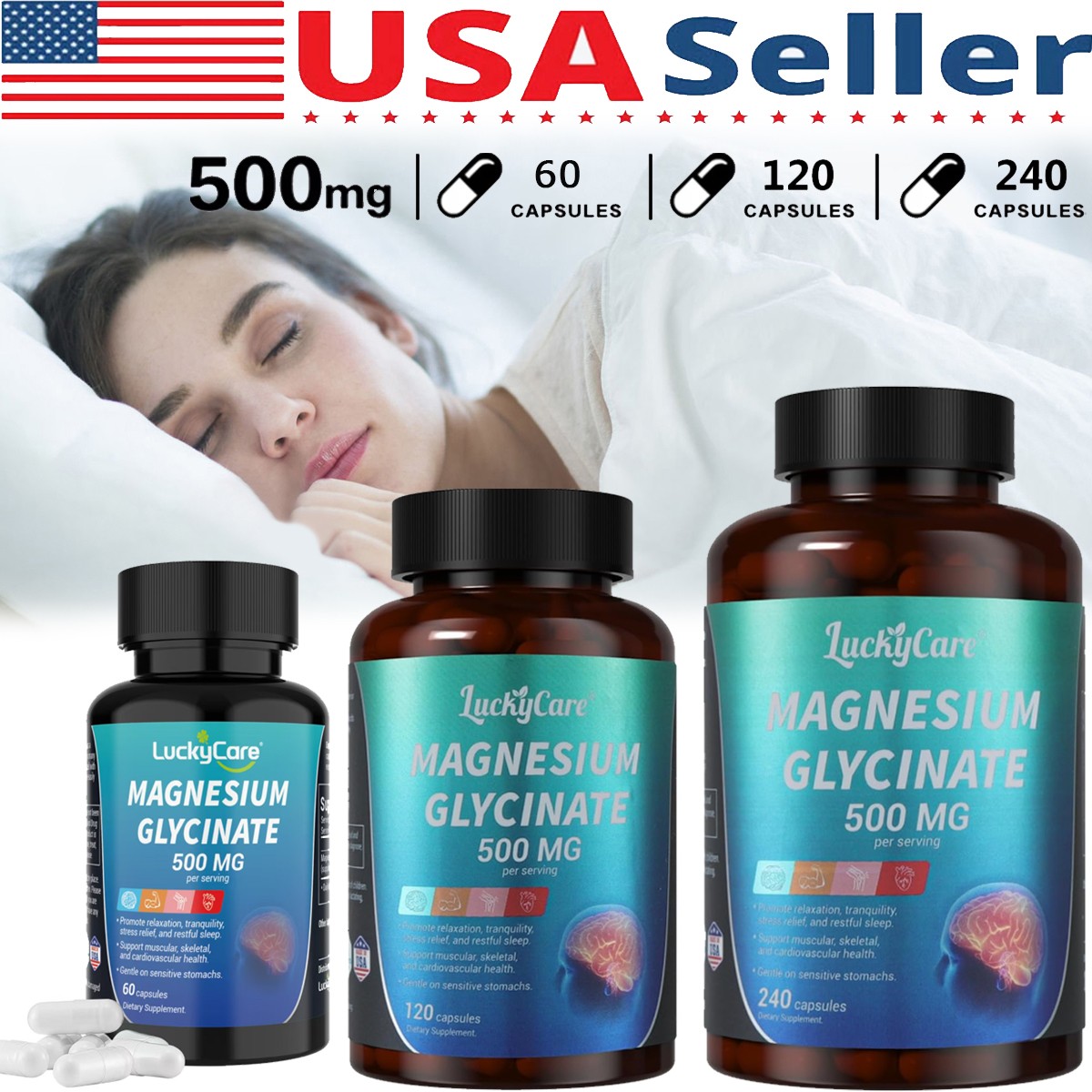 Magnesium Glycinate 500mg-60/120/240Capsule For Sleep Stress Relief Support Bone