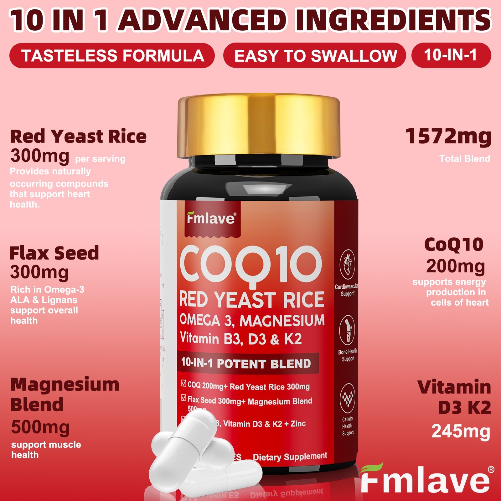 Fmlave CoQ10 200mg with Omega 3, Vitamin D3 K2 60 Caps Antioxidant/Heart Support
