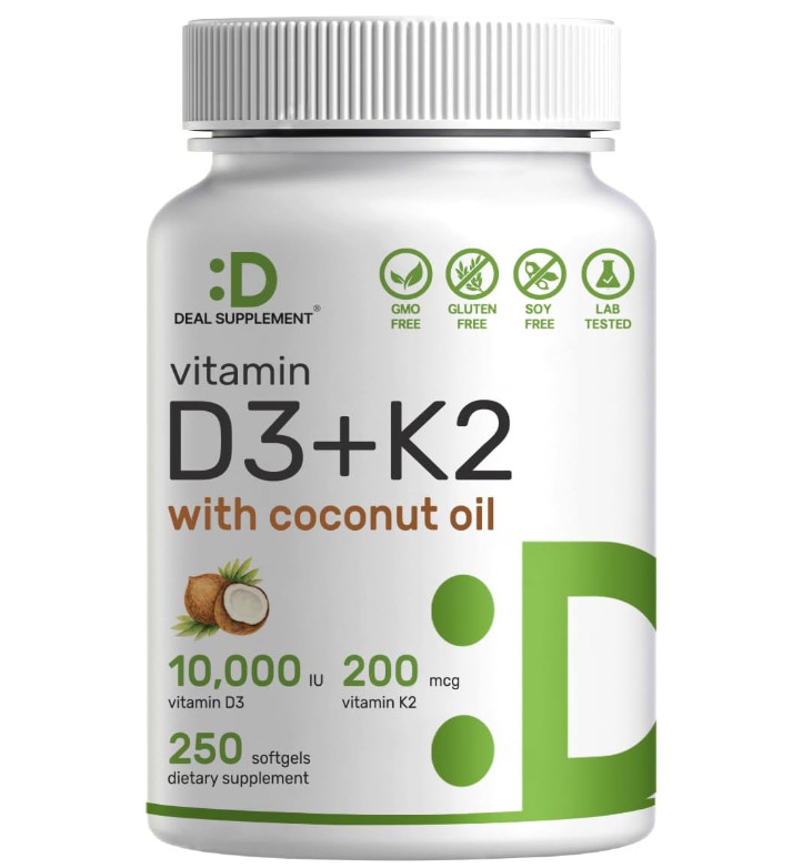 Vitamin D3 10,000 IU + K2 MK7 200 mcg – with Virgin Coconut Oil – 250 Softgels