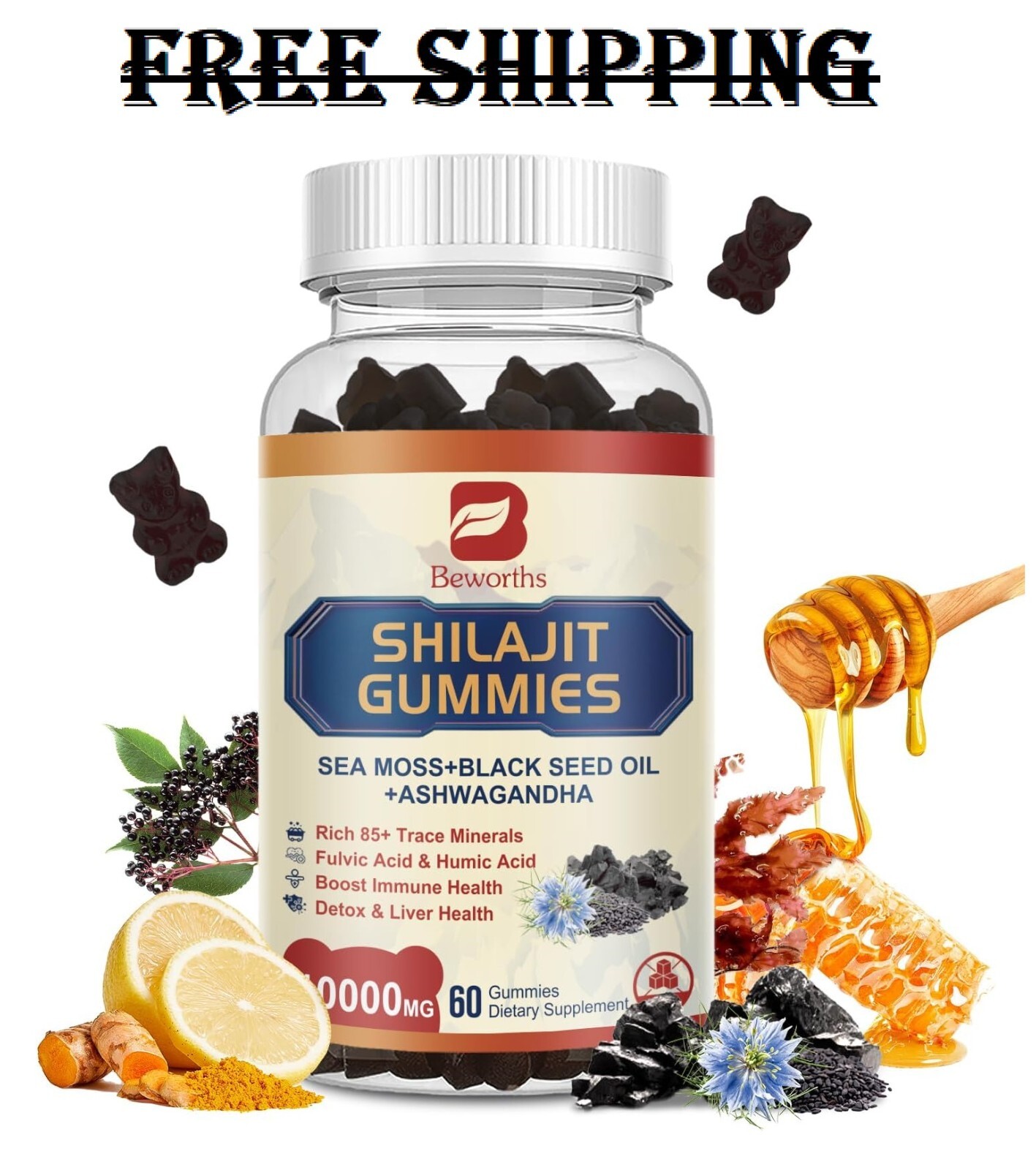 10000 MG Pure Himalayan Shilajit Gummies W Ashwagandha, Sea Moss, Black Seed Oil