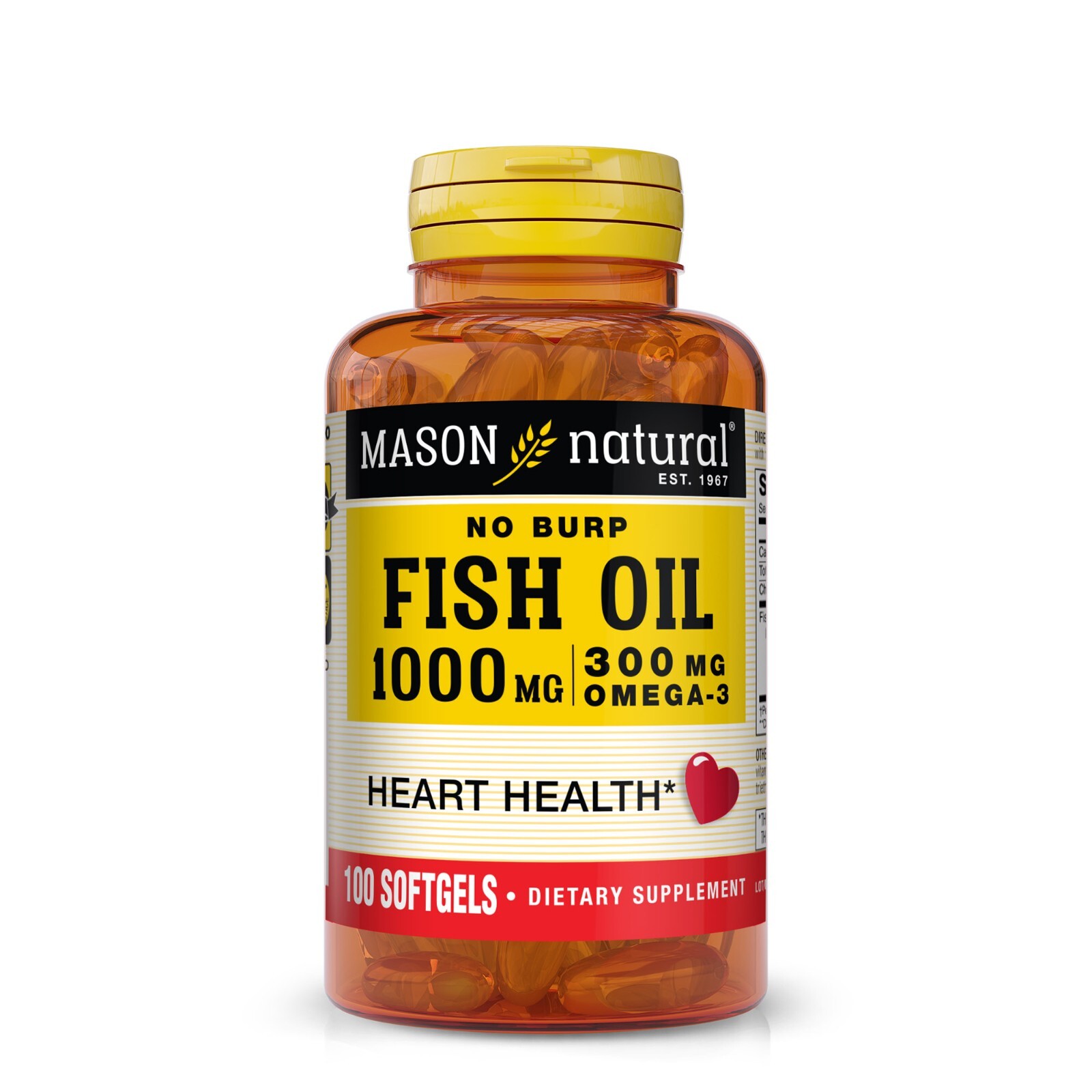 Mason Natural No Burp Fish Oil 1000mg Omega-3 300mg. Heart Health, 100 Softgels