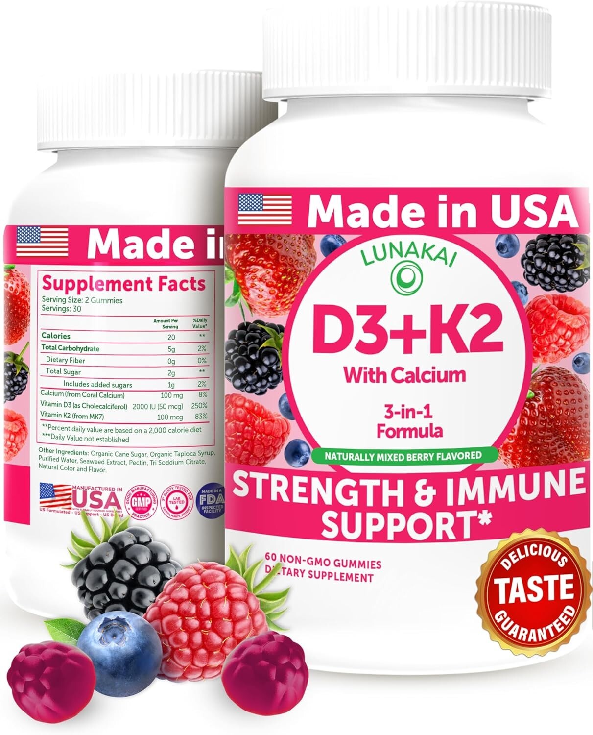 Lunakai Vitamin D3 + K2 Calcium 60 Gummies Immune Support Mixed Berry Flavor