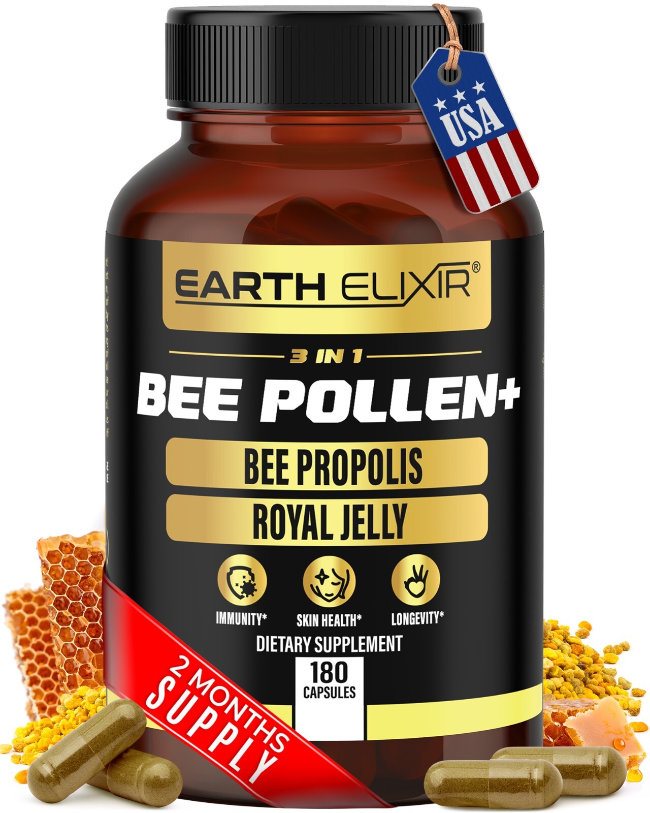 Earth Elixir 3-in-1 Bee Pollen Organic 840mg (180 Caps) W/ 840mg Bee Proplis