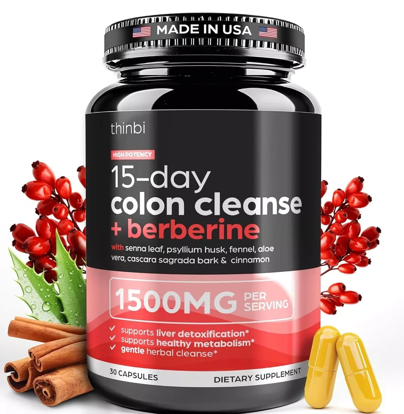 Thinbi GLP-1 Berberine Supplement 1000mg Capsules for Weight Management, Cleanse