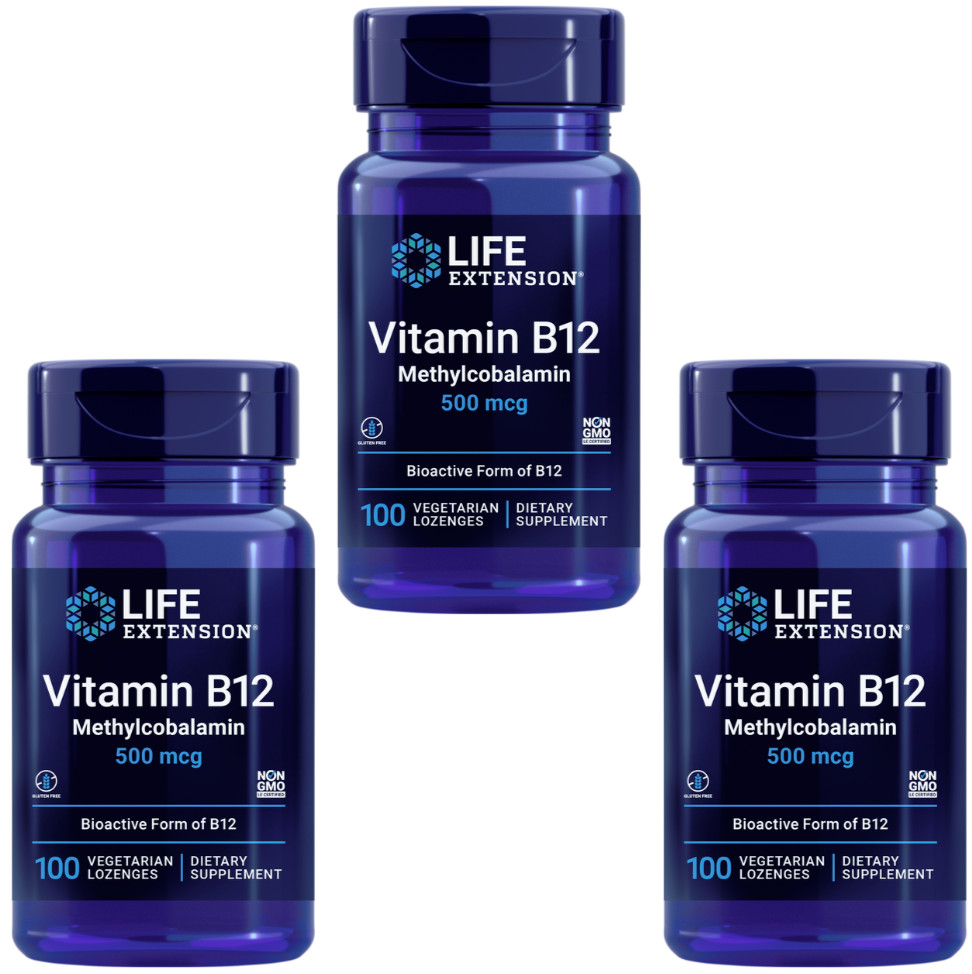 3PACK Life Extension Vitamin B12 Methylcobalamin 500 mcg 100 Vegetarian Lozenges