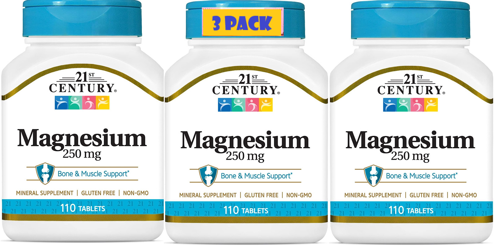3 Pack Magnesium with Calcium 250mg 330 Tablet (3×110) Bone Muscle Nerve Non-GMO