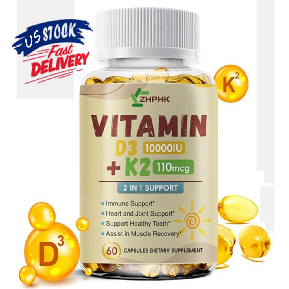 Powerful Vitamin D3 K2 Capsules Extra Strength Supplements with 10000 IU Softgel