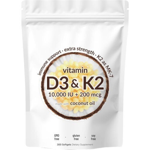Vitamin D3 10000 iu Plus K2 (MK-7) 200 mcg,300 Virgin Coconut Oil Softgels