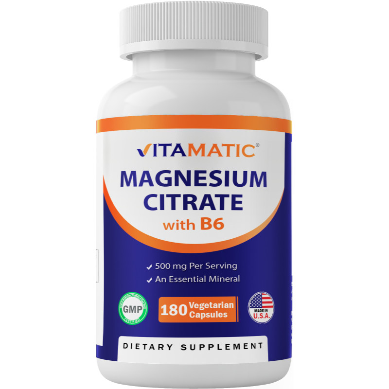 Vitamatic Magnesium Citrate 500mg  + Vitamin B6 180Caps Non GMO/No Preservatives