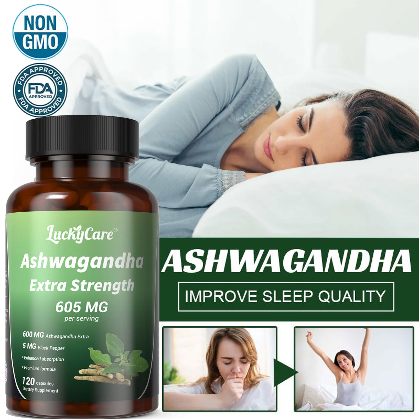 Ashwagandha Supplement Capsules for Relaxing Stress and Mood, 605 mg, 120 Pills