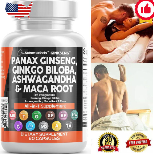 Organic Black Maca Root Ashwagandha, Fenugreek Panax Ginseng Capsules Made in US