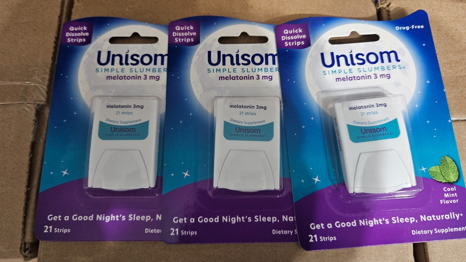 3 Pack Unisom Simple Slumbers Return-To-Sleep Mint 21 Melatonin Strips 07/26