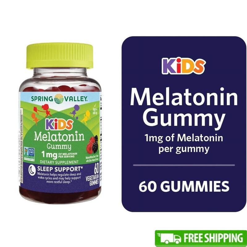 Kids Melatonin Gummies Sleep Support 1mg Vegan Raspberry 60 Count Chewables New