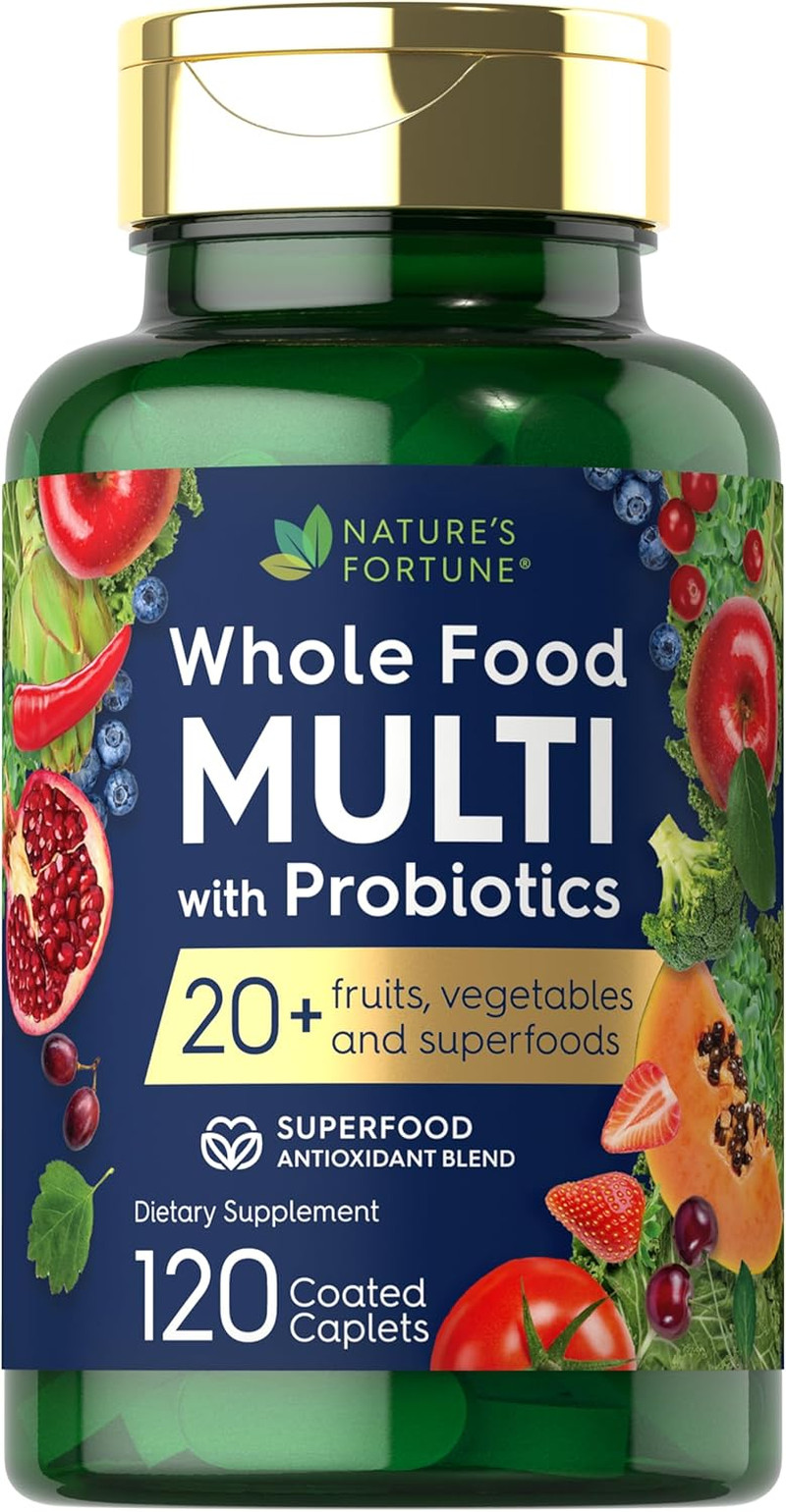Whole Food Multivitamin with Probiotics| 120 Coated Caplets|Made with 20 Fruits