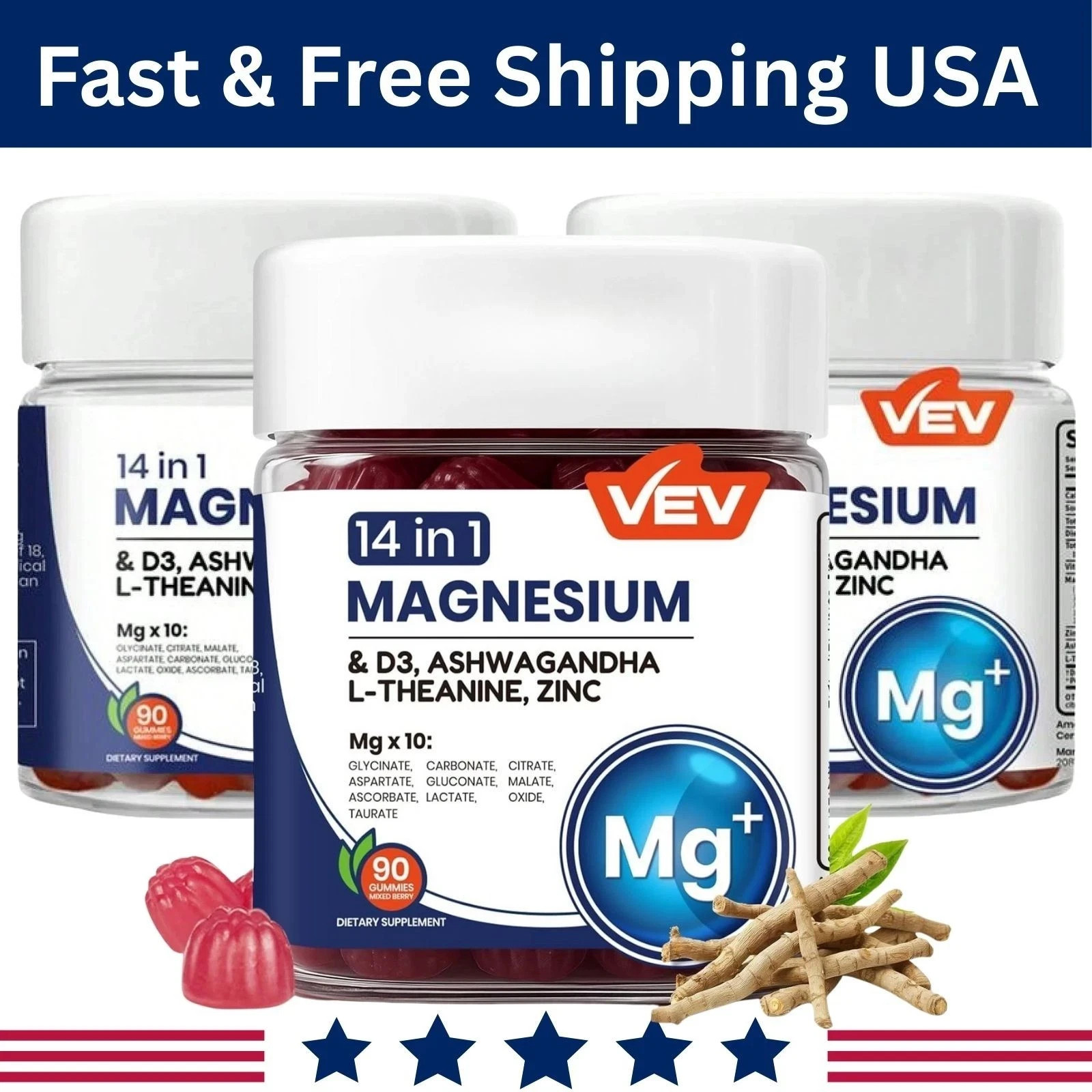VEV 14-in-1 Magnesium Complex Gummies –L-Theanine,Cortisol Supplements 3 pack