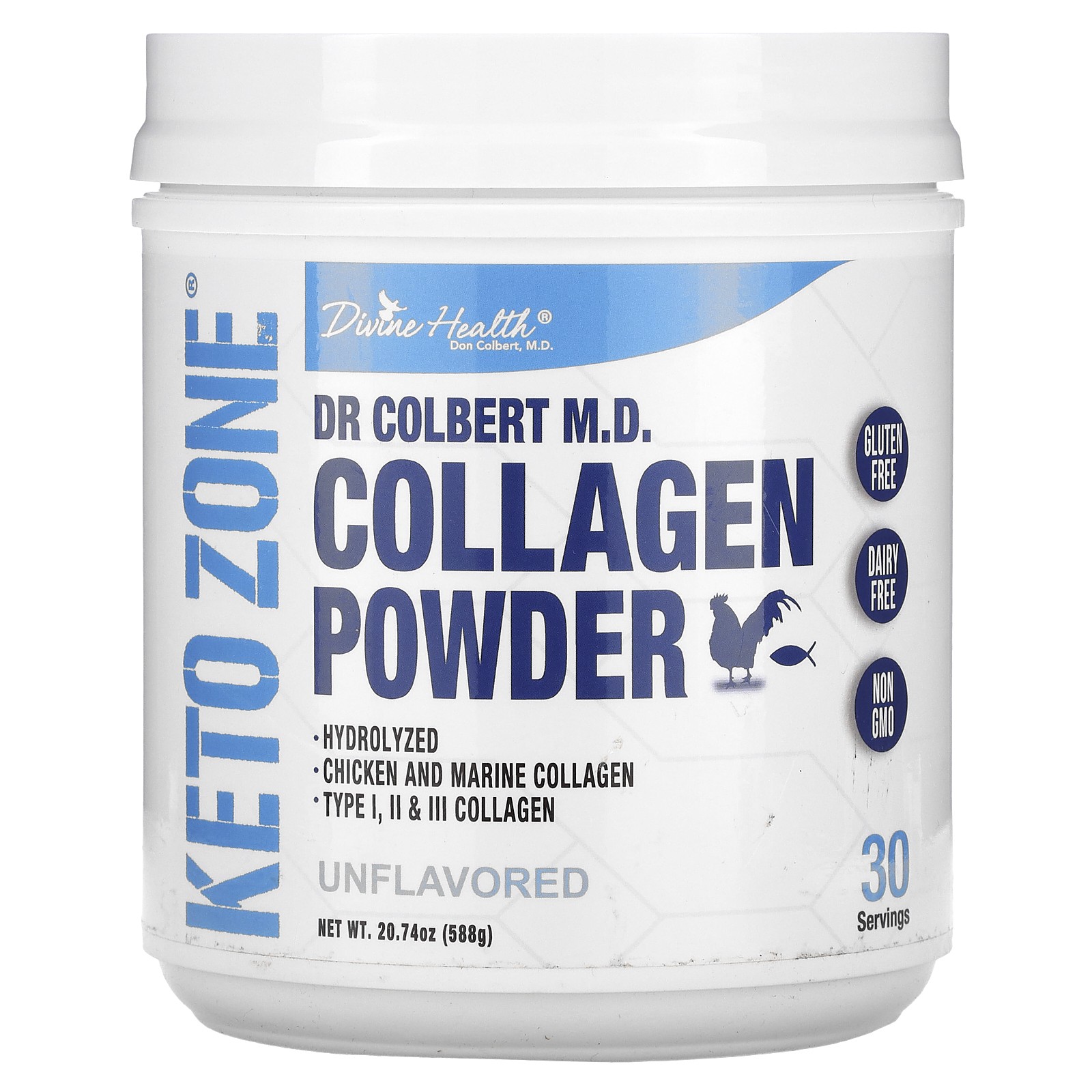 Divine Health, Dr. Colbert’s Keto Zone Hydrolyzed Collagen, Unflavored, 20.11 oz