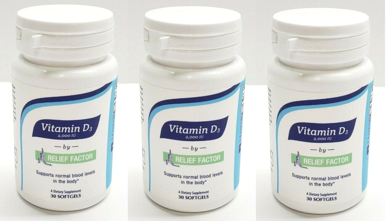 Vitamin D3 2,000 IU Relief Factor **3 BOTTLES of 30 Softgels** 90 TOTAL Vit D