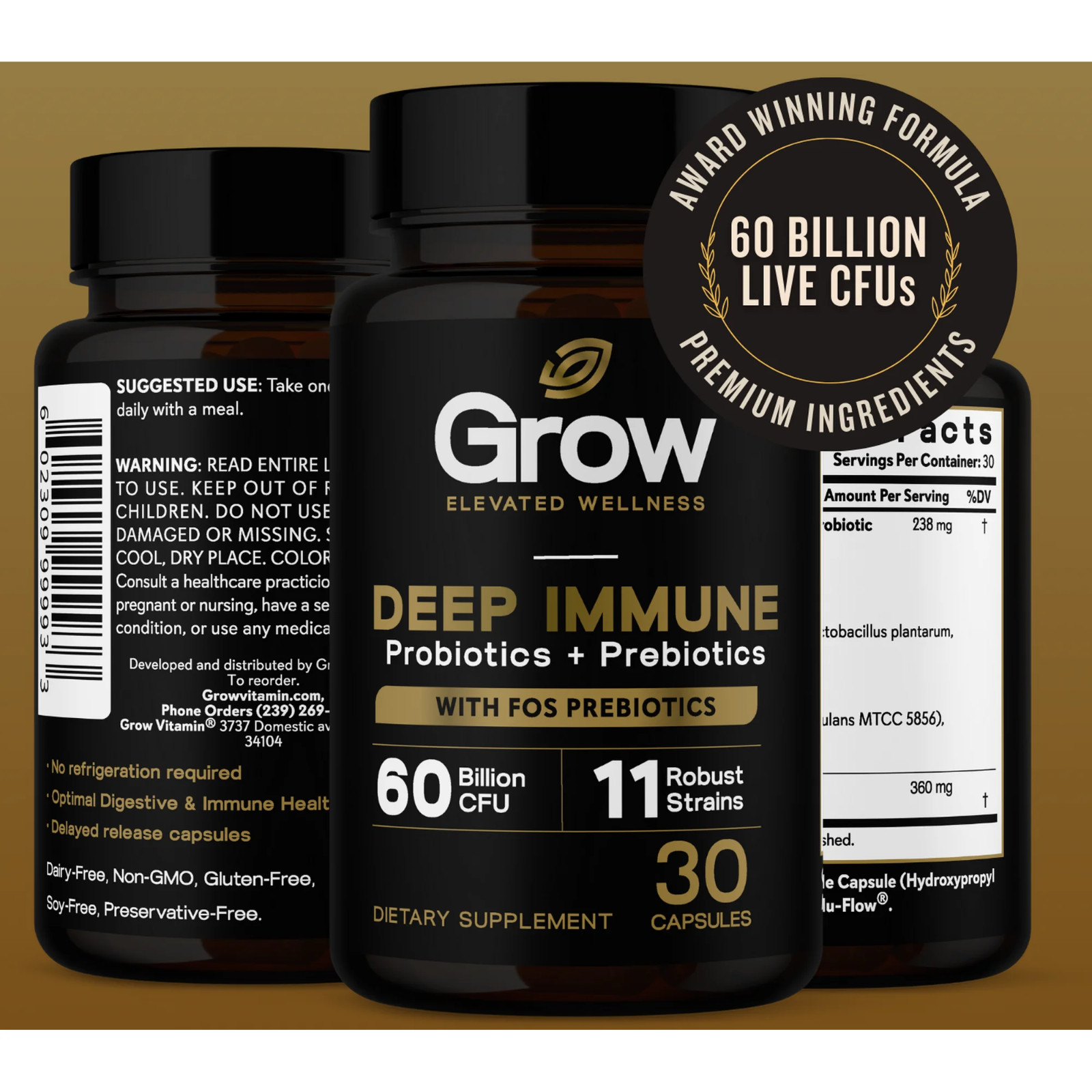Grow Vitamin Complete Probiotics 30 Ct 60 Billion CFU W/ 11 strains, non-GMO