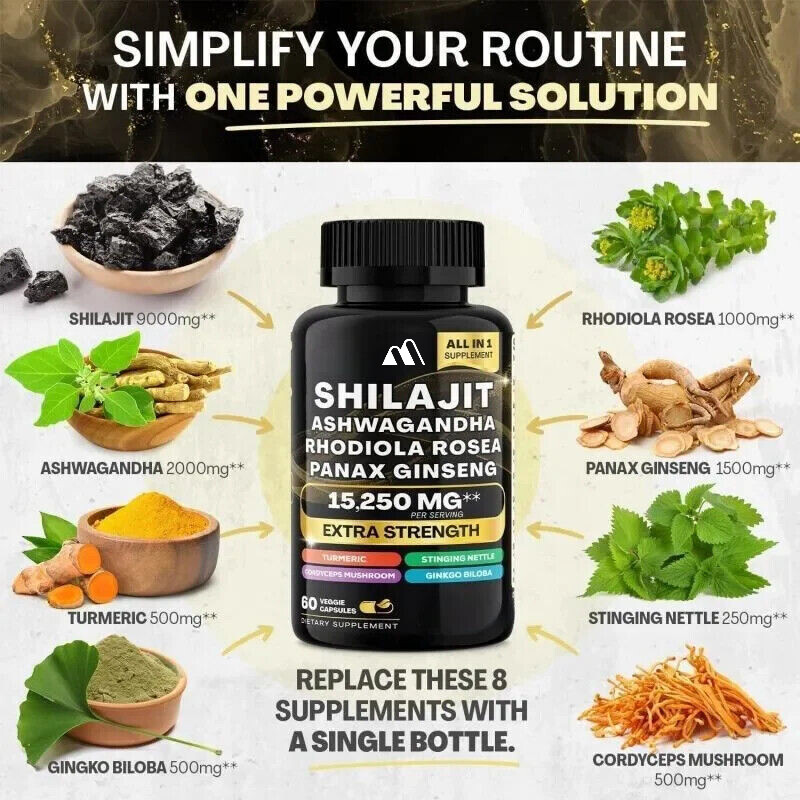 Shilajit Pure Himalayan 9000MG Energy Booster Ashwagandha 2000MG 60 Caps